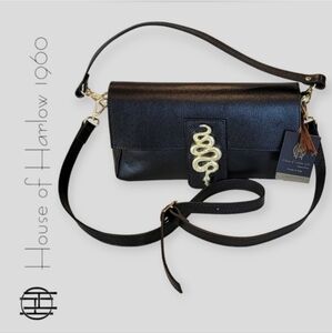 NWT House of Harlow 1960 Gold SNake Clasp Handbag Crossbody Bag, Black